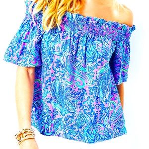 Lilly Pulitzer Leanne Off-The-Shoulder Linen Top Lilac Rose We Mermaid size L!